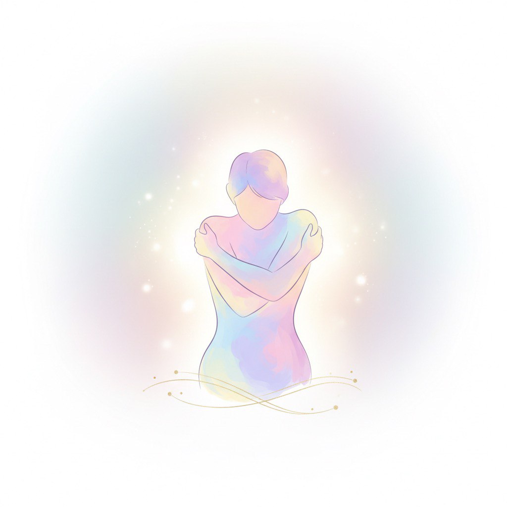 Person hugging themselves with soft glow, self-kindness