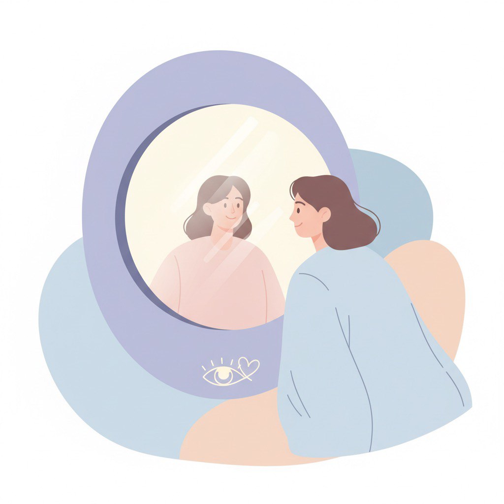 Person looking into a glowing mirror, self-awareness