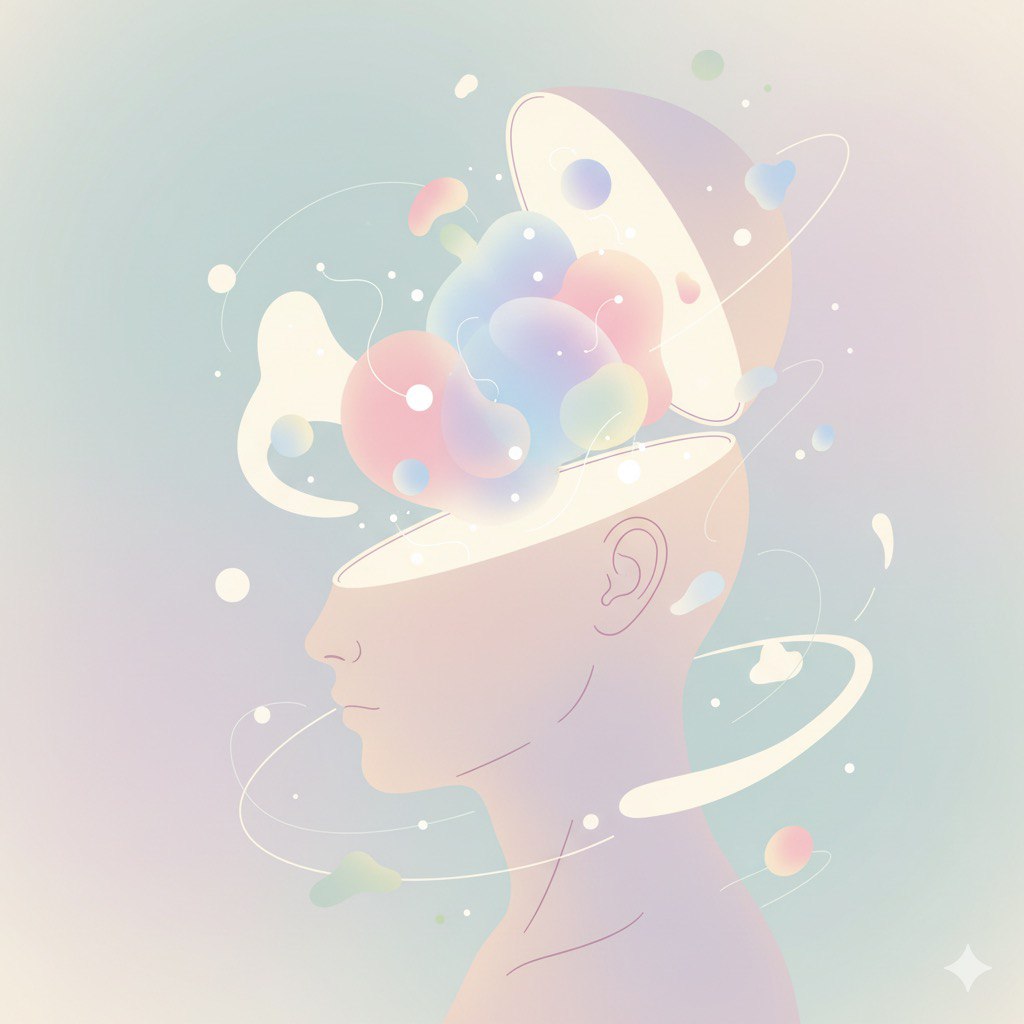 Calm introspective person with glowing inner world